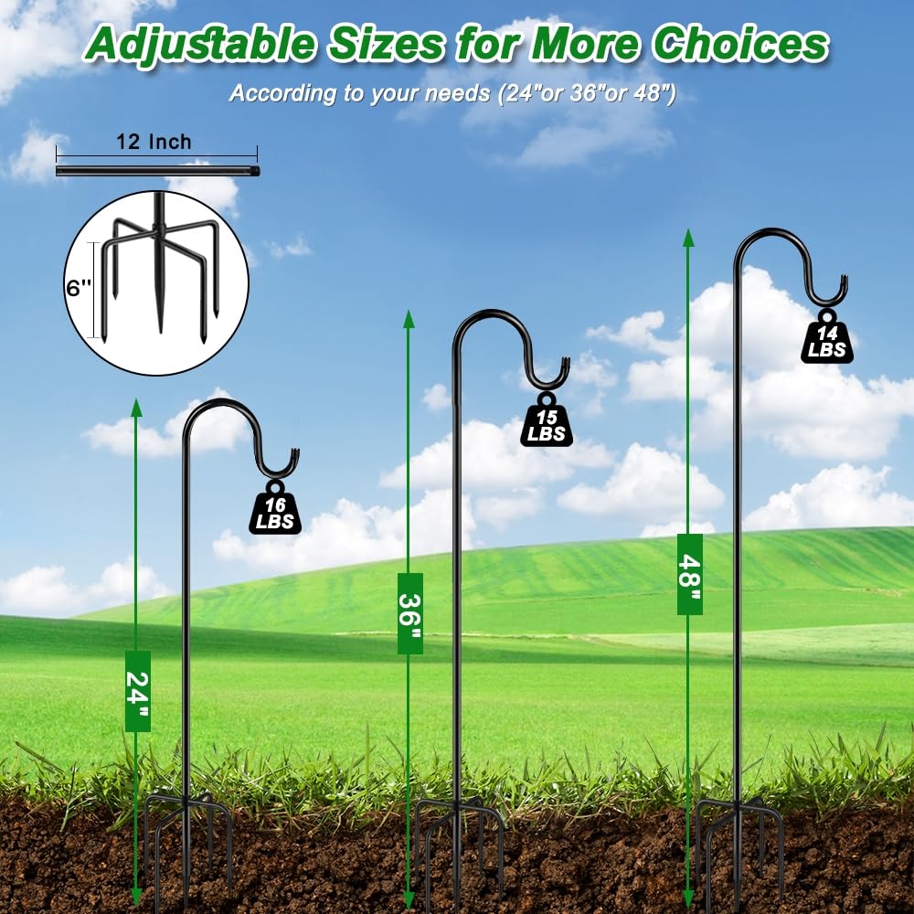 72" Shepherds Hooks for Outdoor, Heavy Duty Bird Feeder Pole with 7 Base Prongs, Adjustable Garden Hanging Holder for Bird Feeders, Solar Light Lanterns, Garden Plant Hanger Stands, 2 Packs