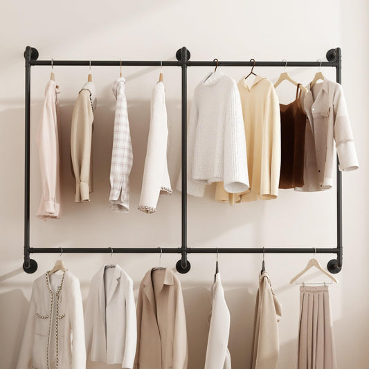 Industrial Pipe Clothing Rack Wall Mounted Clothes Rack Heavy Duty Closet Rod for Retail, Laundry Room, Bedroom