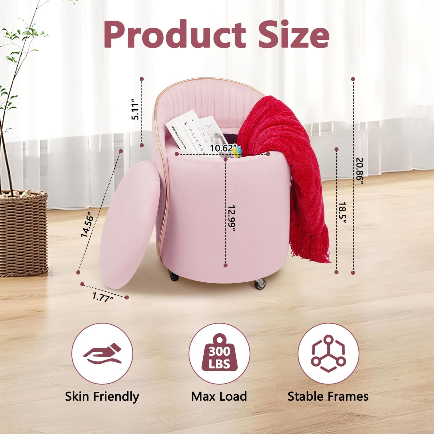 Round Storage Ottoman, Upholstered Velvet Vanity Stool with Lumbar Support, Swivel Rolling Wheels, Small Foot Stools Coffee Table Padded Seat for Makeup Room, Living Room, Bedroom (Beige)