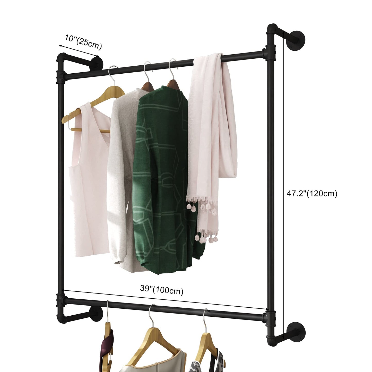 Industrial Pipe Clothing Rack Wall Mounted Clothes Rack Heavy Duty Closet Rod for Retail, Laundry Room, Bedroom