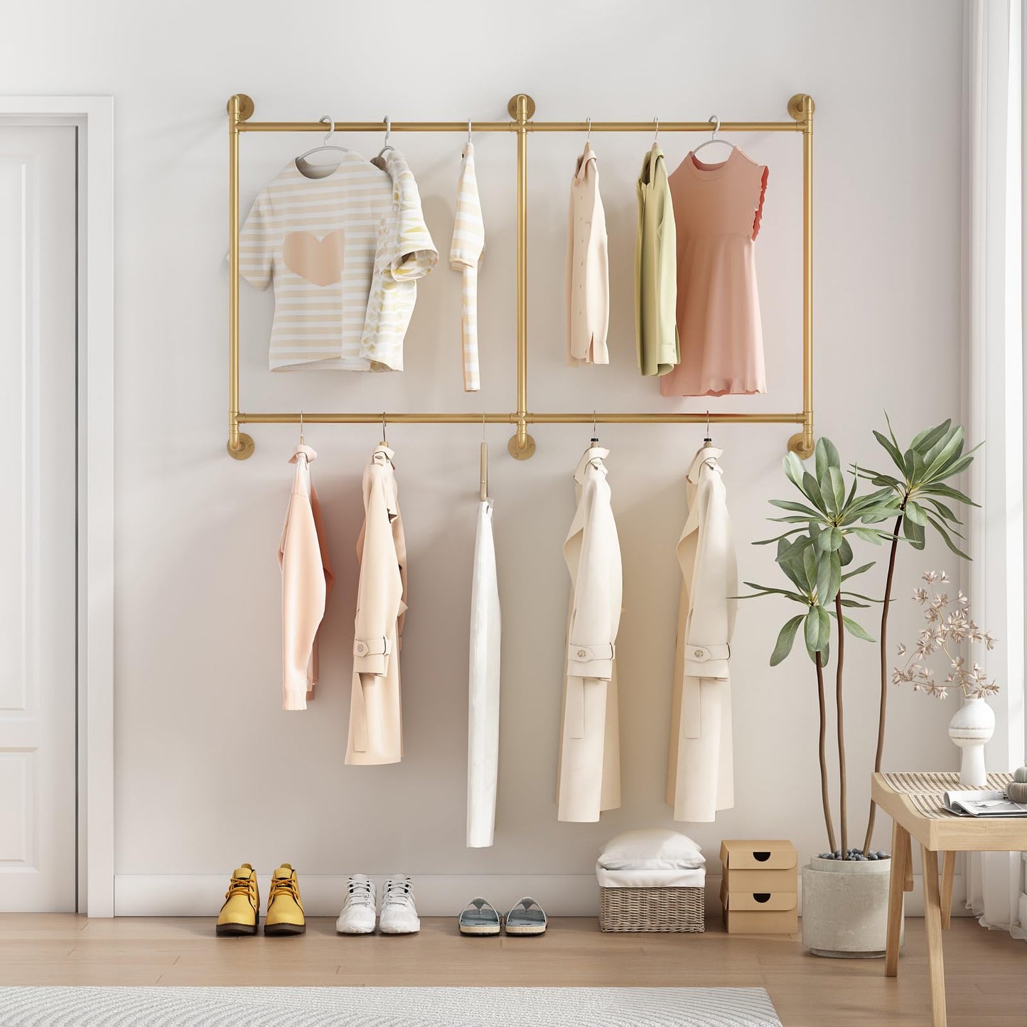 Industrial Pipe Clothing Rack Wall Mounted Clothes Rack Heavy Duty Closet Rod for Retail, Laundry Room, Bedroom