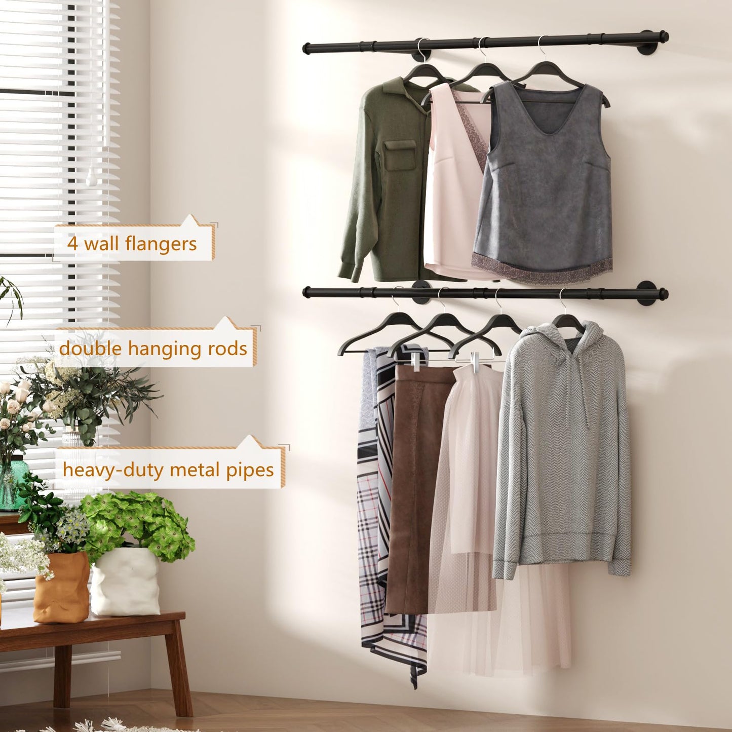 Industrial Pipe Clothing Rack,Wall Mounted Clothes Racks Closet Rods for Hanging Clothes Pipe Clothing Rack Wall Mounted Double Rods-49'' BLACK