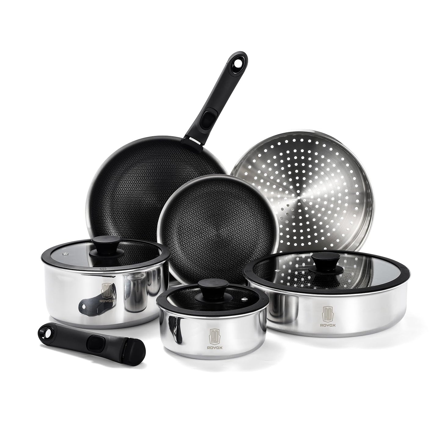 ROYDX 16pcs Pots and Pans Set, Stainless Steel Cookware Set Detachable Handle, Induction Kitchen Stackable RV Cookware Sets, (Camper, Boat, Small Kitchen), Dishwasher Safe&Oven Safe, PFOA Free, Silver