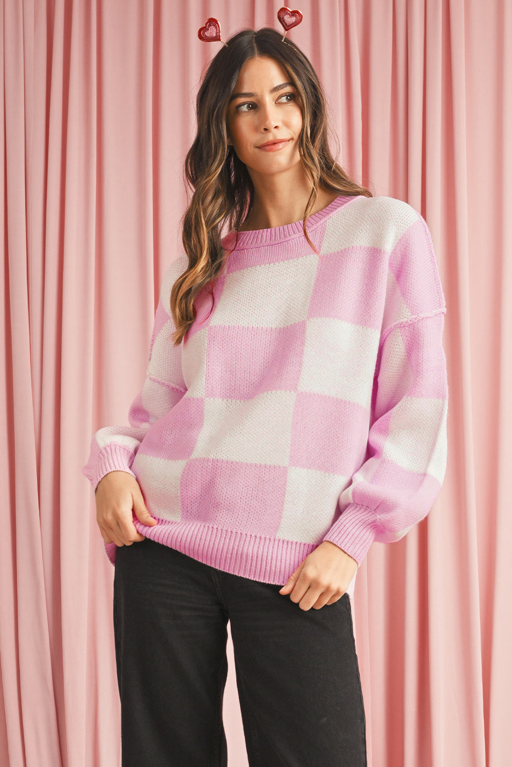 Orange & White Plaid Exposed Seam Bishop Sleeve Sweater