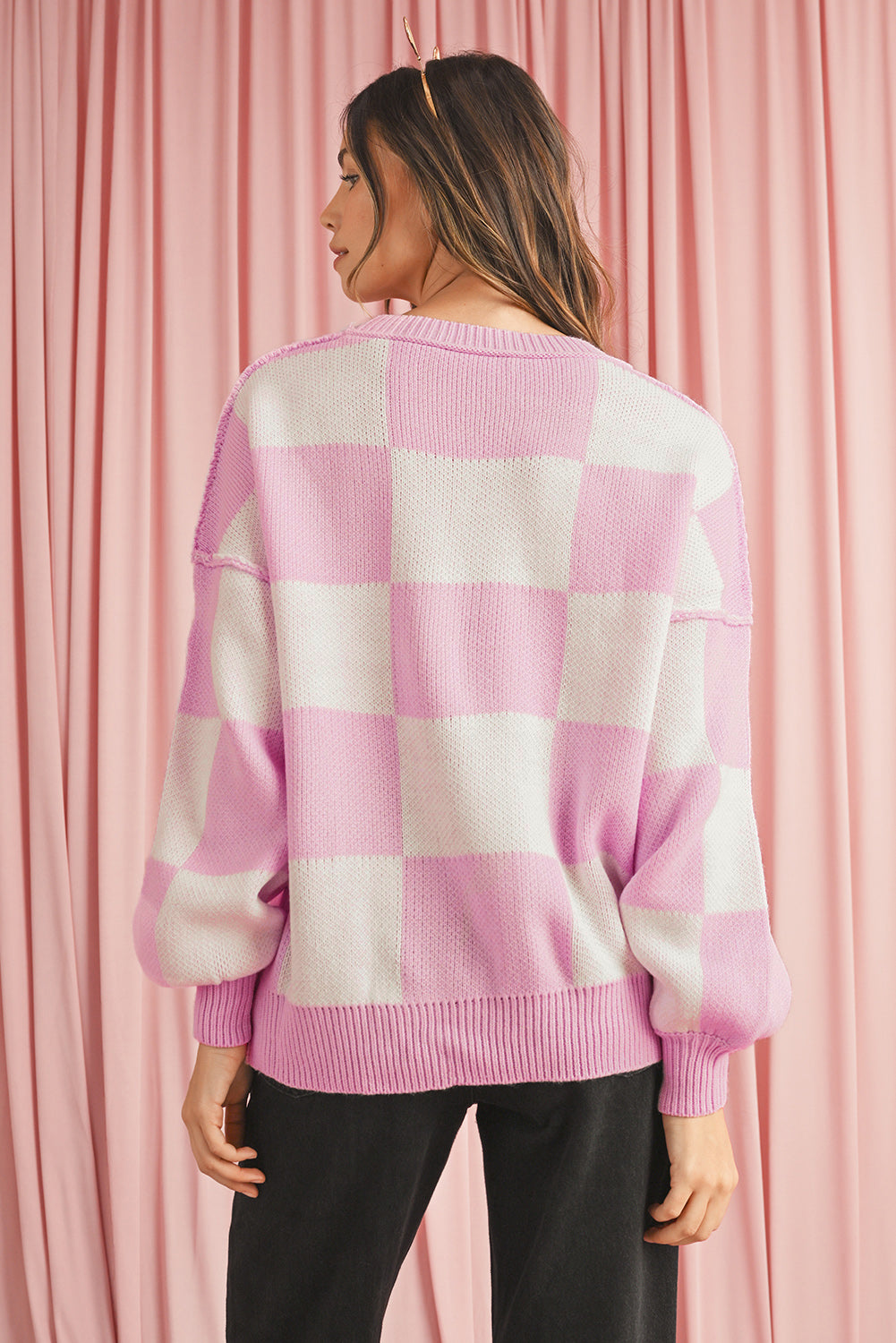 Orange & White Plaid Exposed Seam Bishop Sleeve Sweater