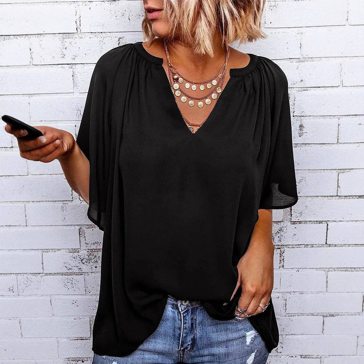 Women's V-Neck Flutter Sleeve Loose Chiffon Blouse