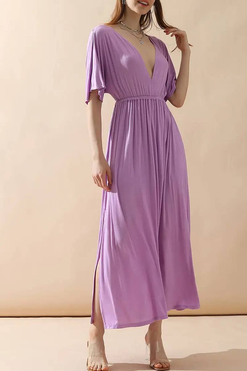 V-Neck Short Sleeve Back Bow Empire Dress