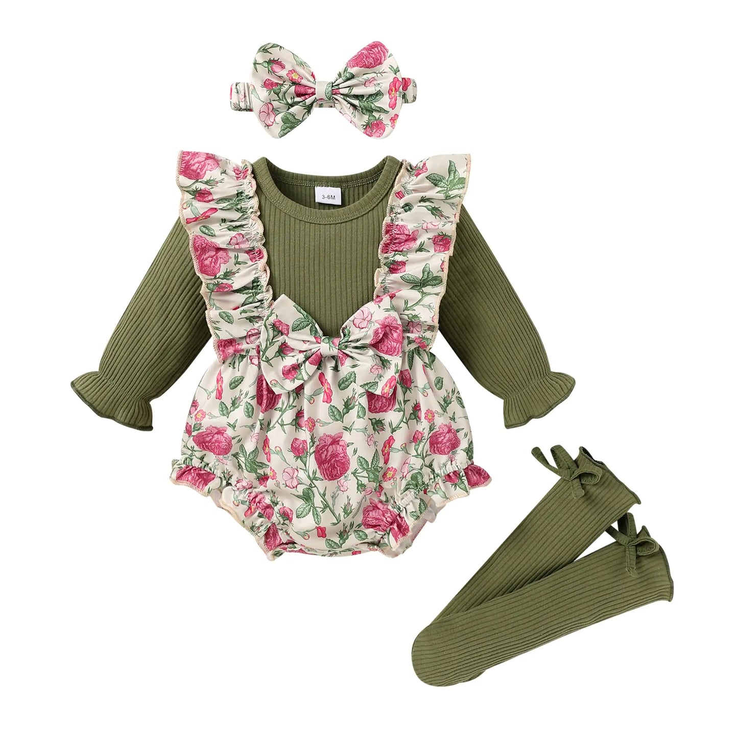 YOUNGER TREE Newborn Baby Girl Clothes Long Sleeve Ruffle Romper Jumpsuit Sock Infant Fall Winter Outfits Baby Girl Clothing(Floral and Green12-18 Months)