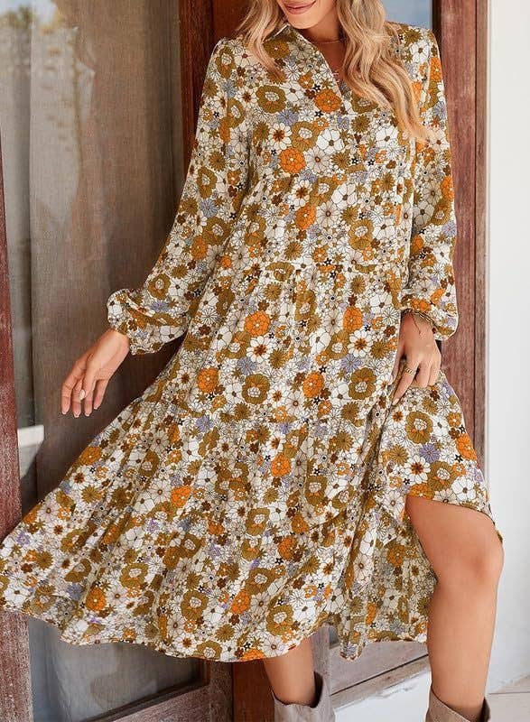 Leisure Bohemian Floral Puff Sleeve Dress