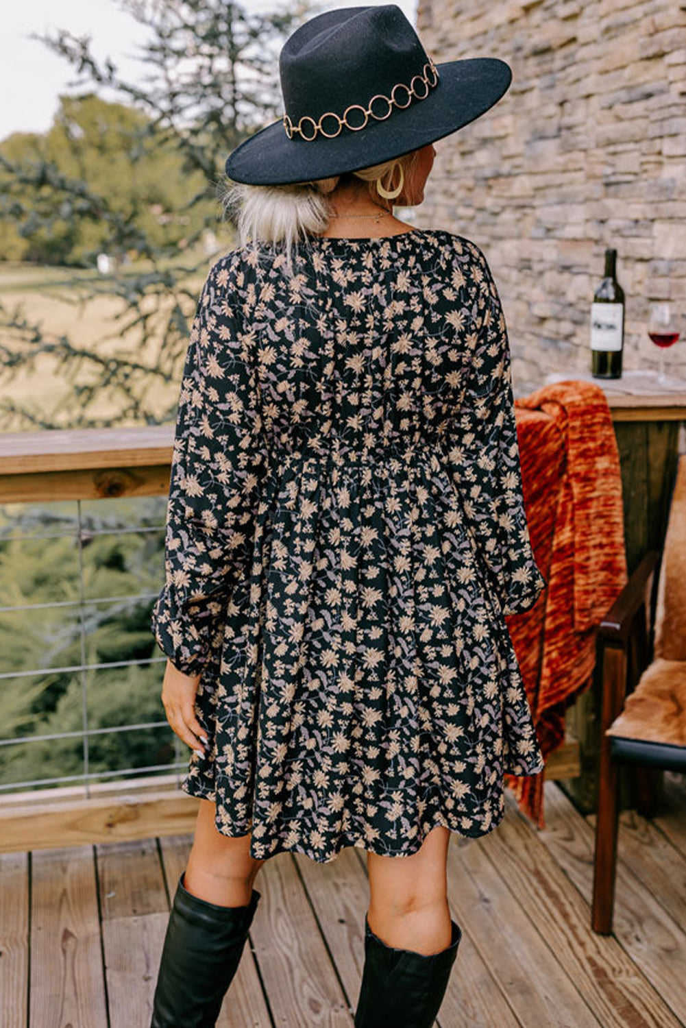 Beige Floral Smocked V Neck Bubble Sleeve Babydoll Dress