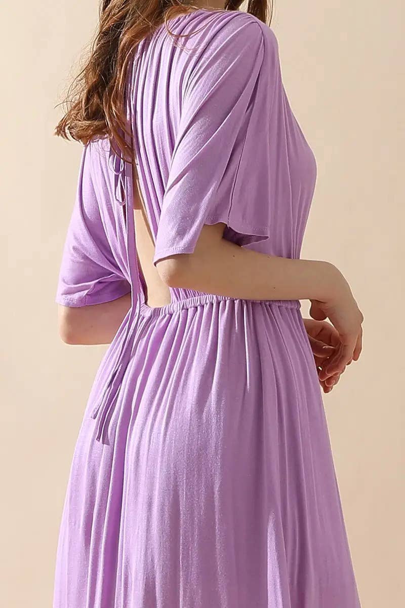 V-Neck Short Sleeve Back Bow Empire Dress