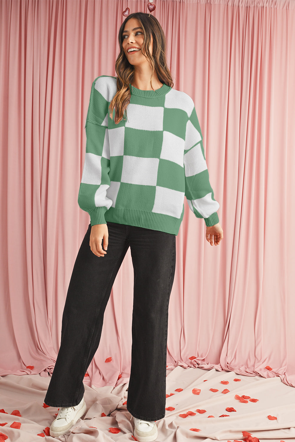 Orange & White Plaid Exposed Seam Bishop Sleeve Sweater