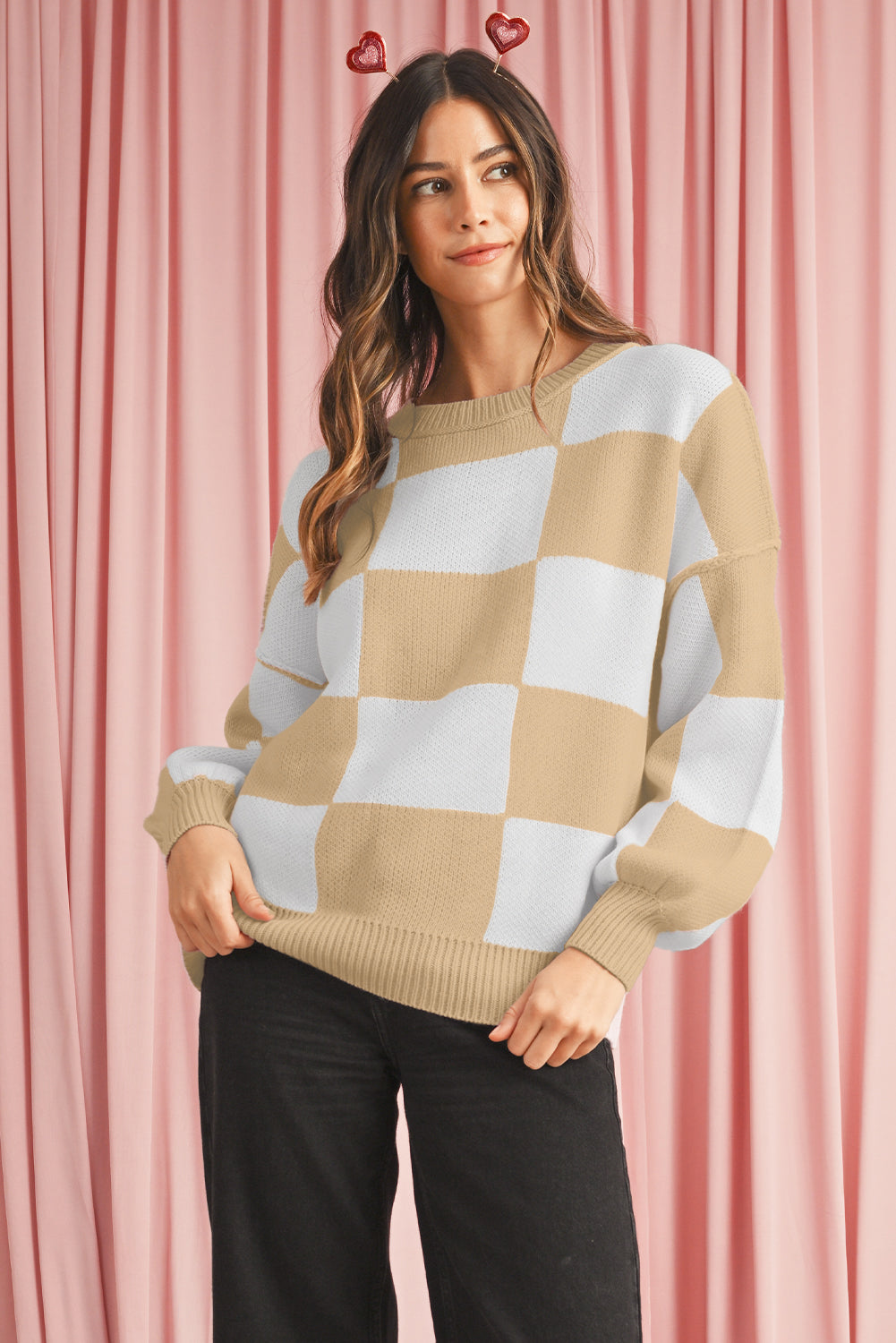 Orange & White Plaid Exposed Seam Bishop Sleeve Sweater