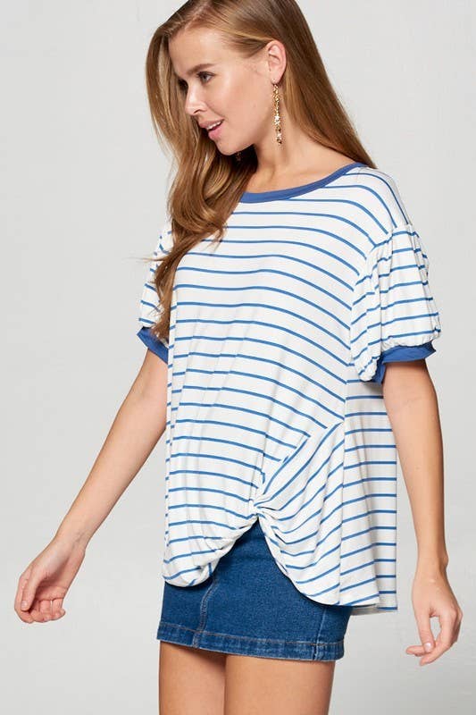 ETK-7615 Striped Bubble Sleeve Side Twist Top