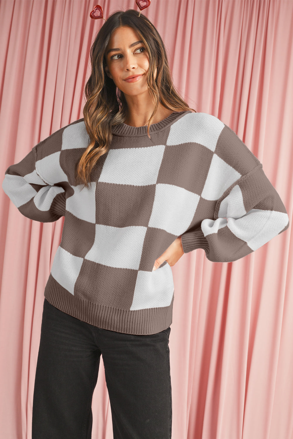Orange & White Plaid Exposed Seam Bishop Sleeve Sweater