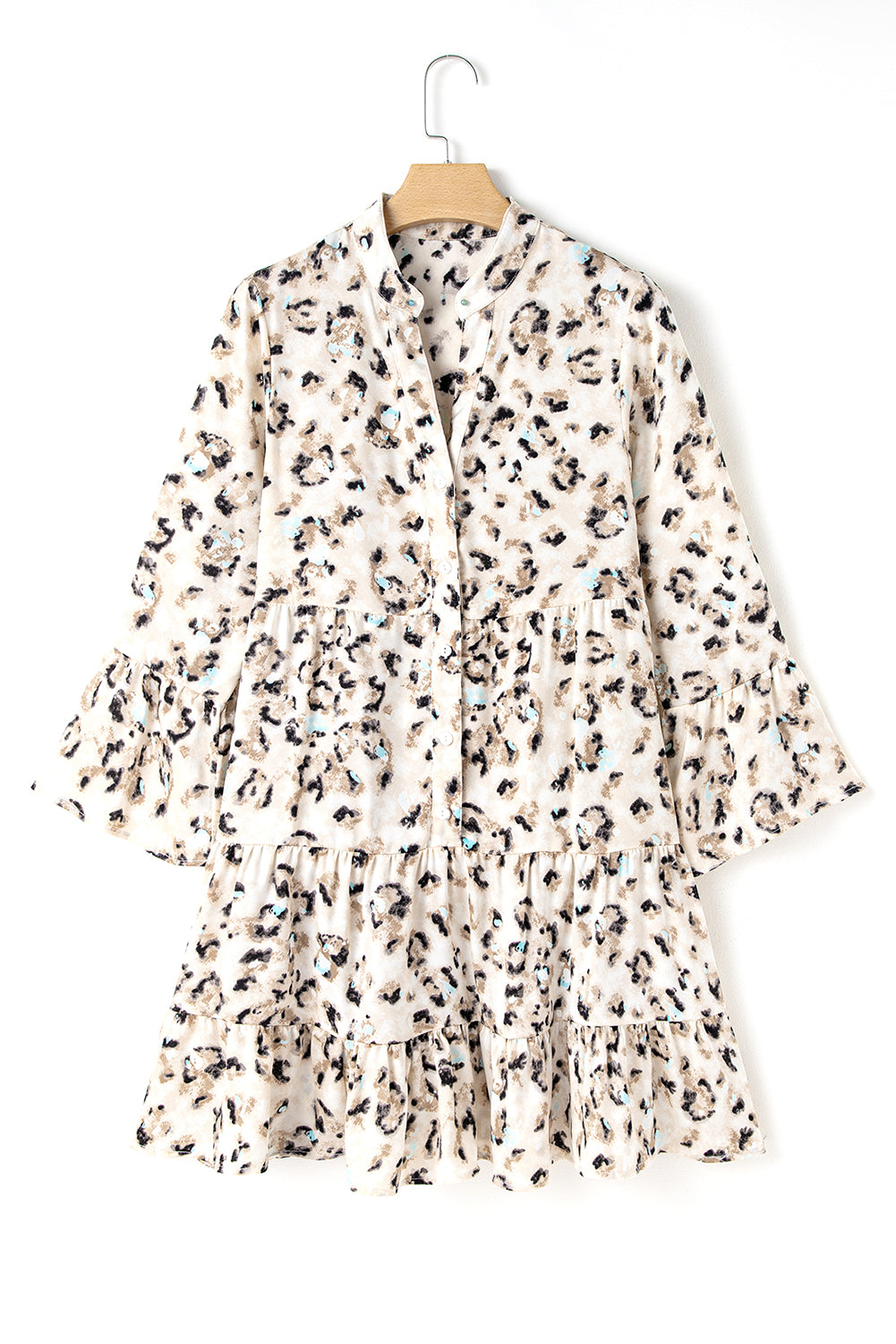 Rose Leopard Button V Neck Pocket Flowy Mini Dress