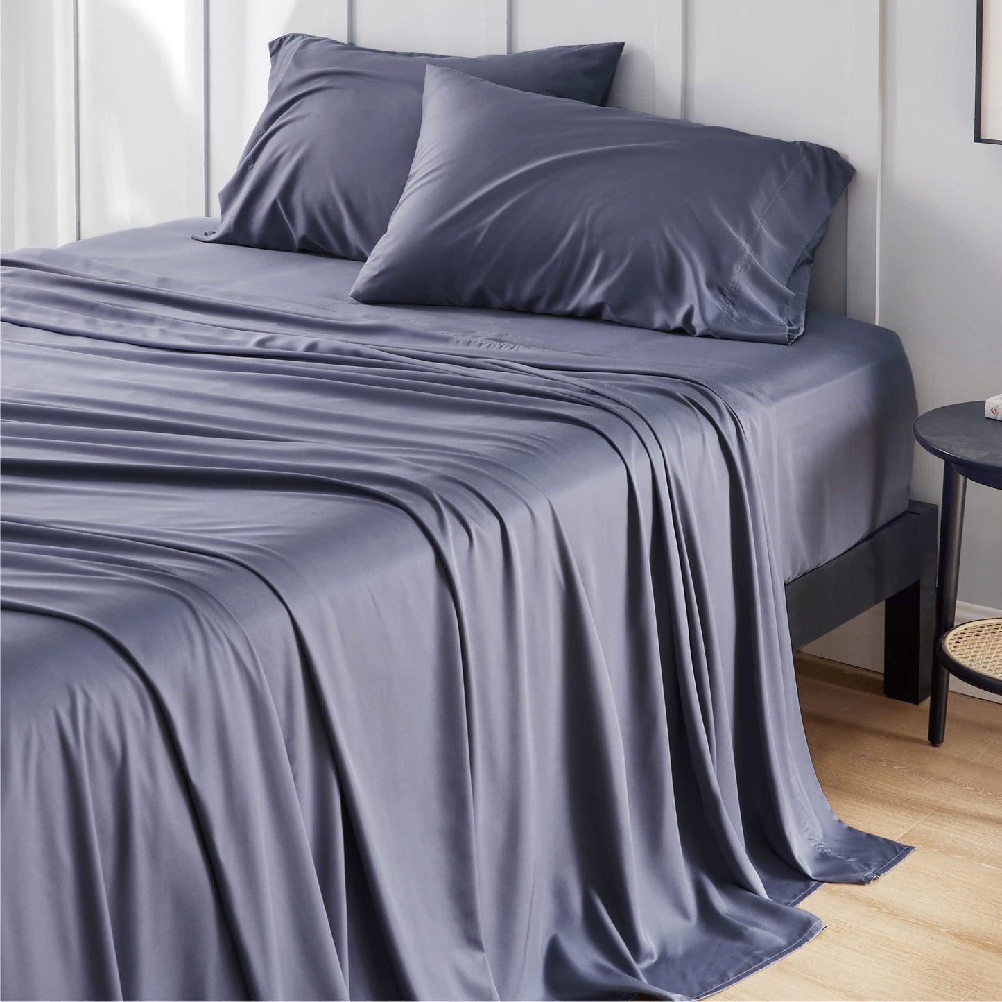 Bedsure Queen Sheet Set, Cooling Sheets for Queen Size Bed Set, Rayon Derived from Bamboo, Breathable & Soft Deep Pocket Up to 16 Inches, Hotel Luxury Silky Bedding, Bedsheet & Pillowcases, Dark Grey