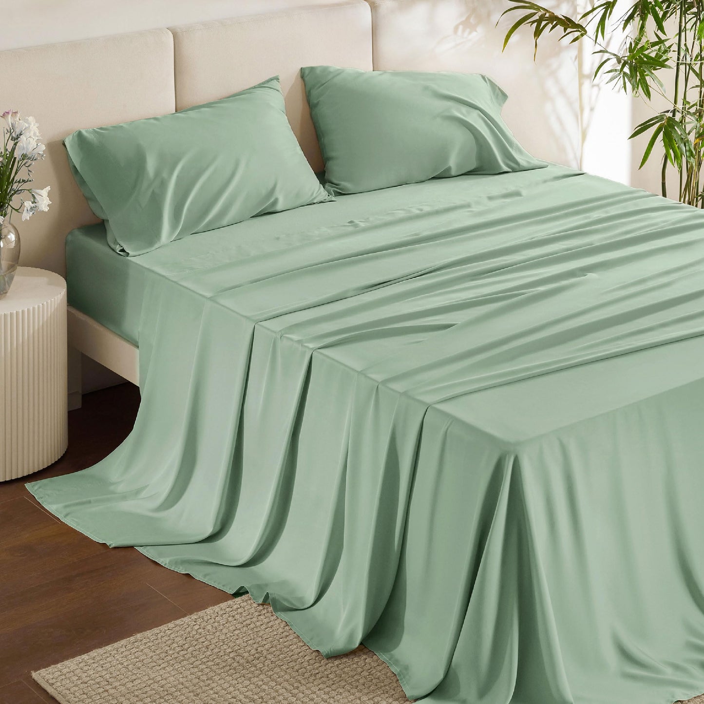 Bedsure Queen Sheet Set, Cooling Sheets for Queen Size Bed Set, Rayon Derived from Bamboo, Breathable & Soft Deep Pocket Up to 16 Inches, Hotel Luxury Silky Bedding, Bedsheet & Pillowcases, Dark Grey