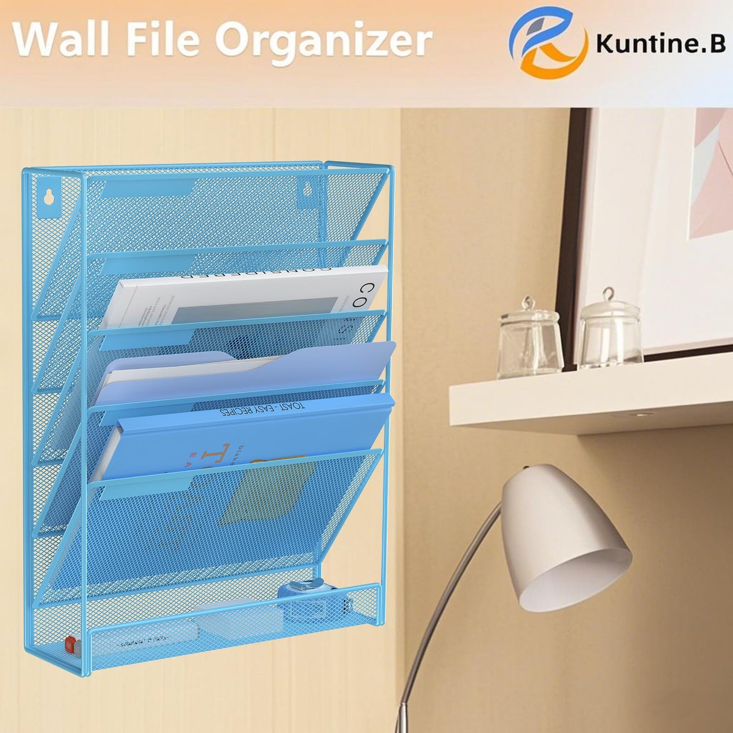 Kuntine.B 5 Pocket Wall File Holder Organizer Office Hanging Magazine Holder Wall File Organizer for Office Home (Black, 5 Tier)