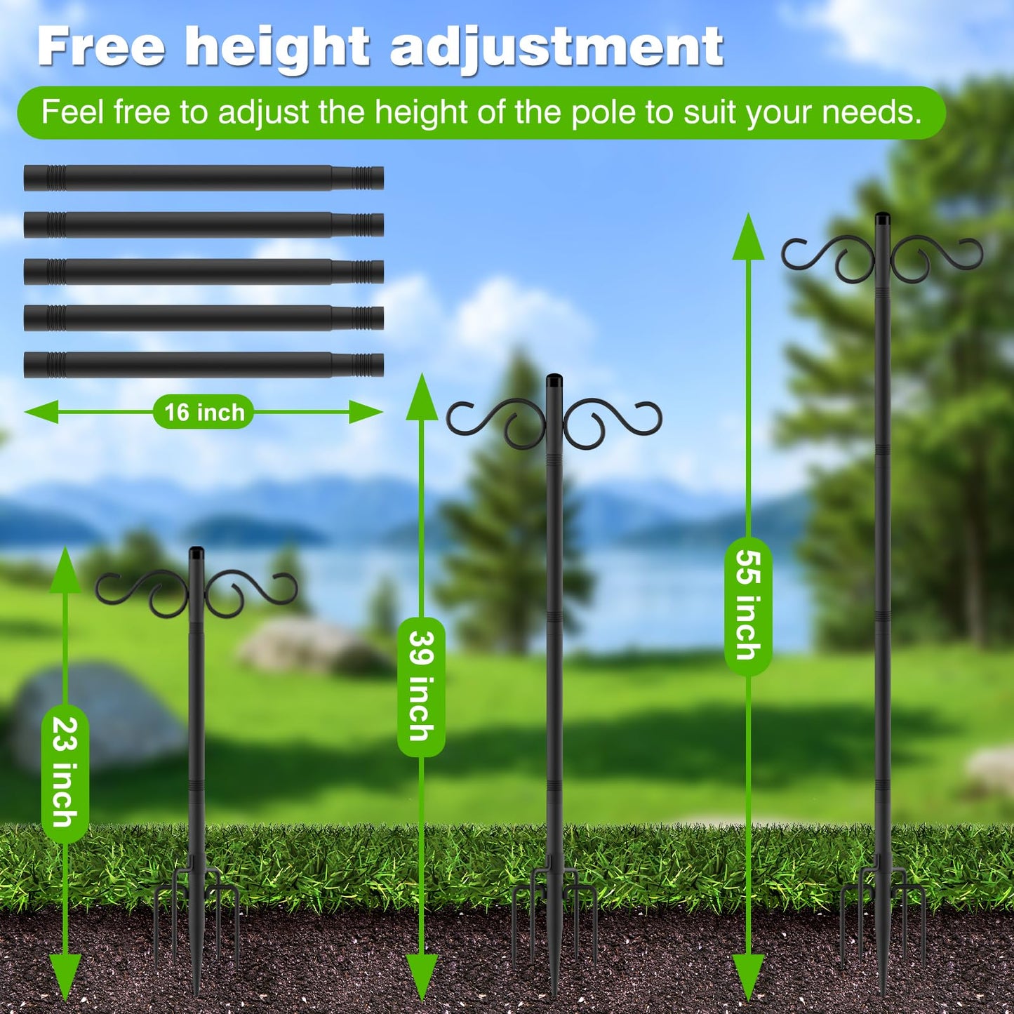 Double Shepherds Hooks for Outdoor,2 Pack 90 Inch Bird Feeder Pole with 5 Prongs Base,Heavy Duty Shepherds Hook,Suitable for Garden in Hanging Flower Basket,Lantern,Bird Nests (90 Inch)