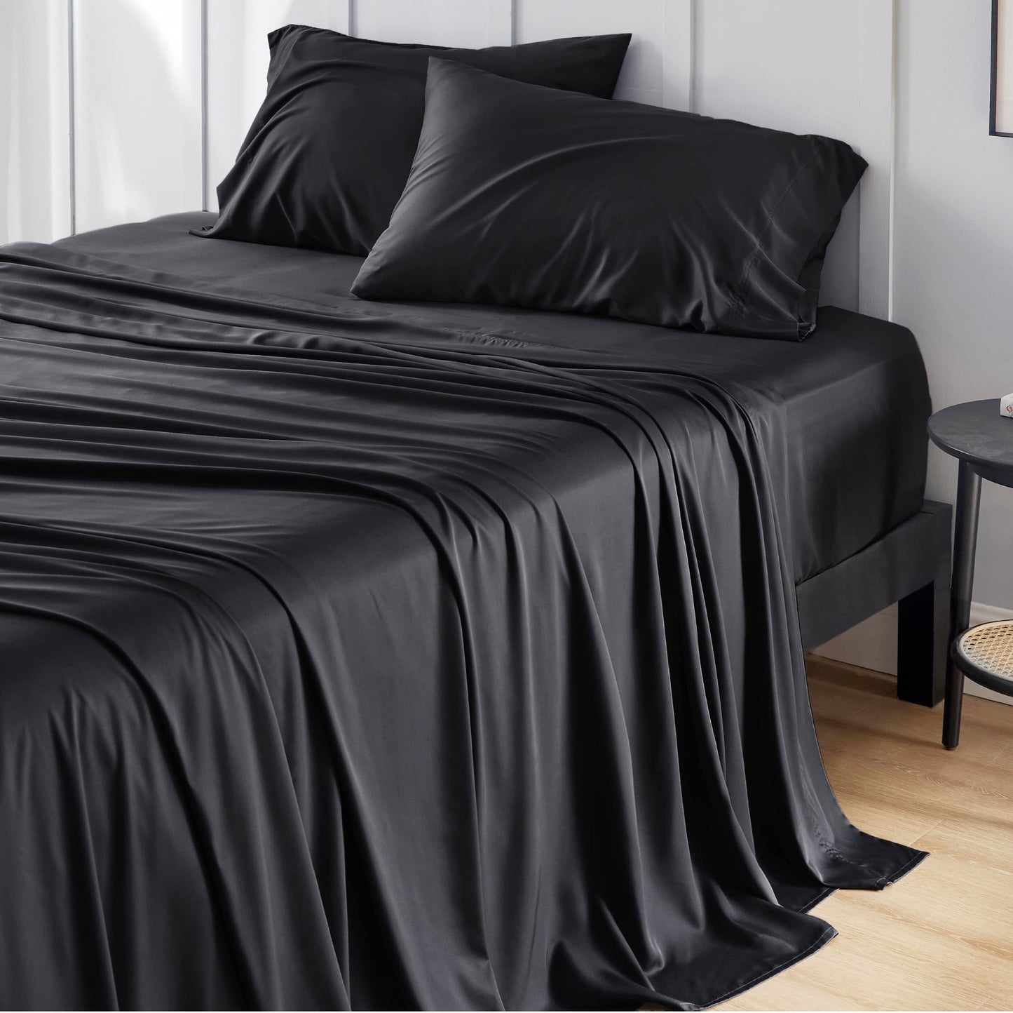 Bedsure Queen Sheet Set, Cooling Sheets for Queen Size Bed Set, Rayon Derived from Bamboo, Breathable & Soft Deep Pocket Up to 16 Inches, Hotel Luxury Silky Bedding, Bedsheet & Pillowcases, Dark Grey