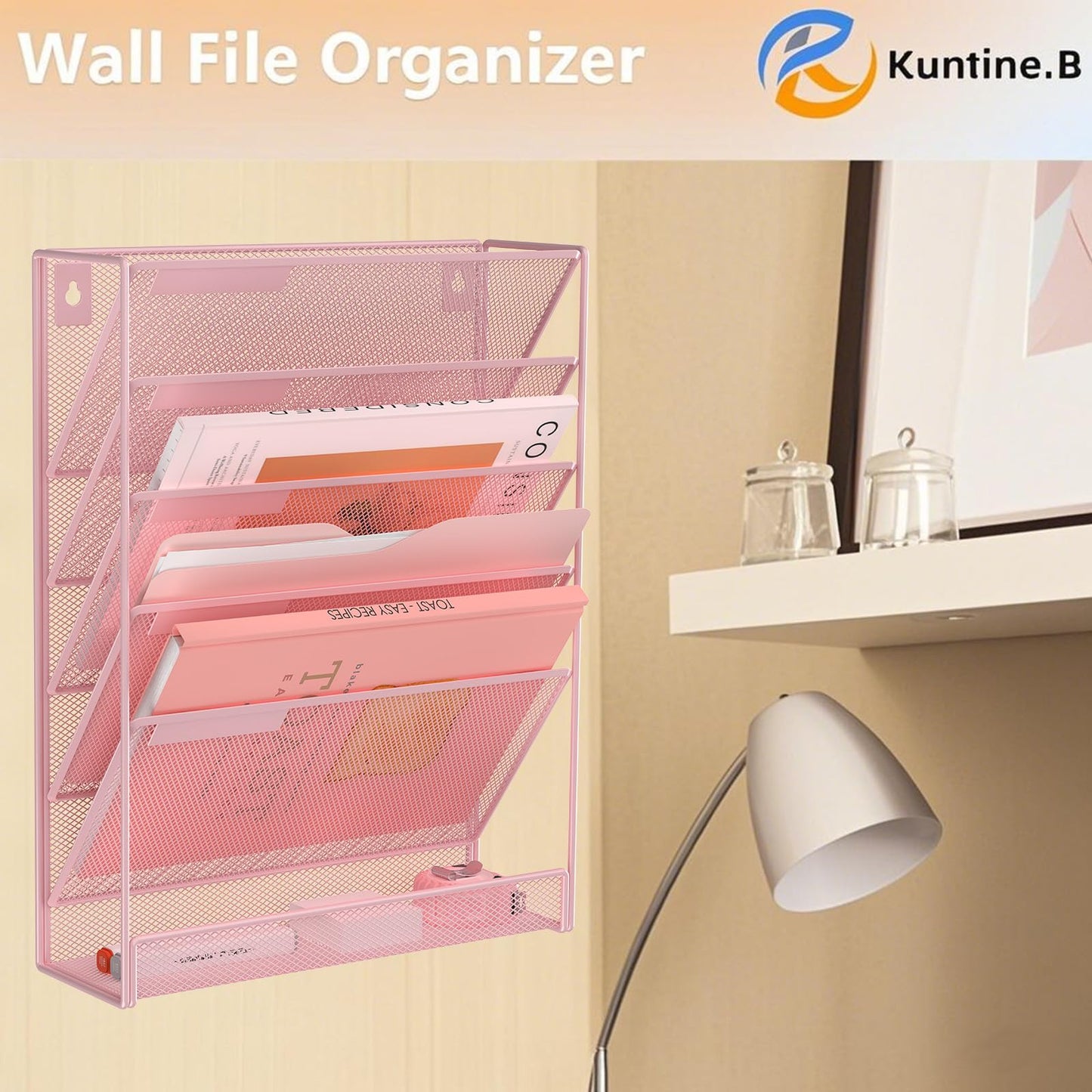 Kuntine.B 5 Pocket Wall File Holder Organizer Office Hanging Magazine Holder Wall File Organizer for Office Home (Black, 5 Tier)