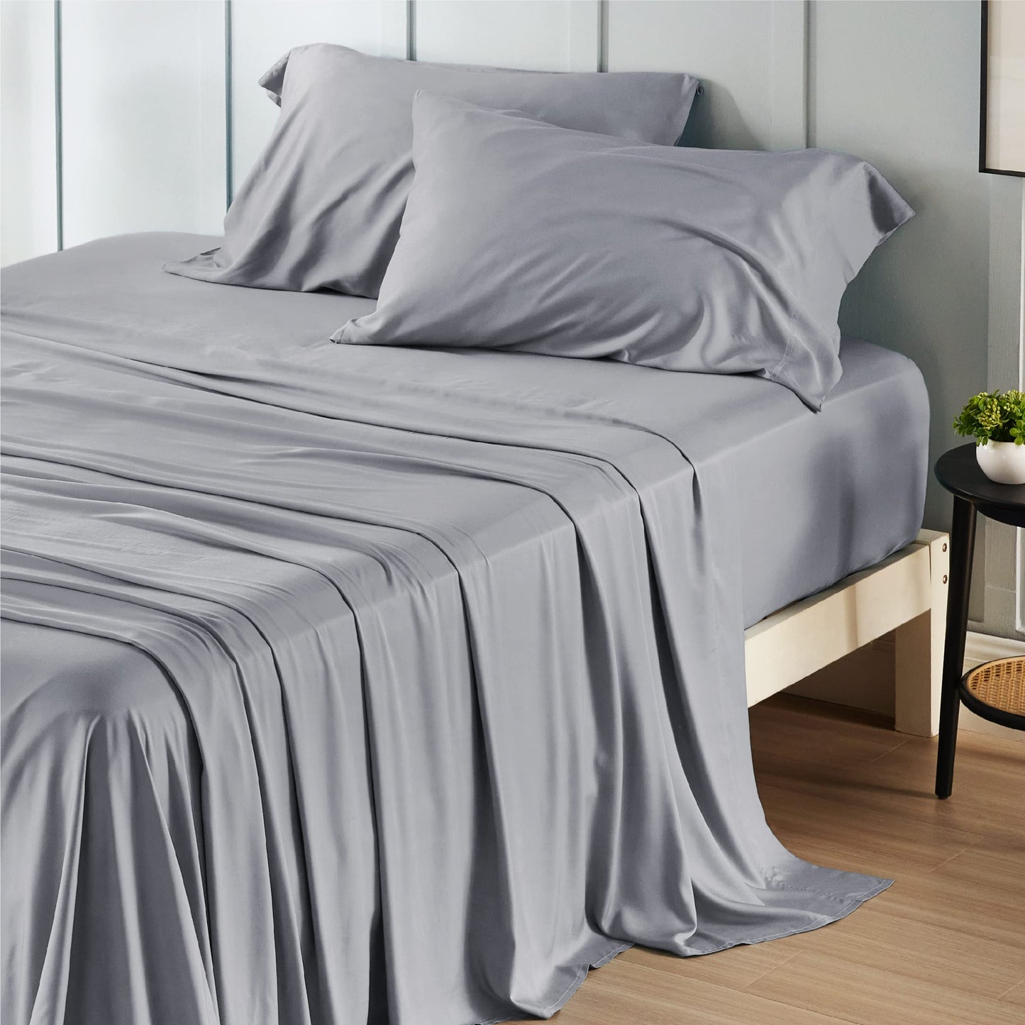 Bedsure Queen Sheet Set, Cooling Sheets for Queen Size Bed Set, Rayon Derived from Bamboo, Breathable & Soft Deep Pocket Up to 16 Inches, Hotel Luxury Silky Bedding, Bedsheet & Pillowcases, Dark Grey