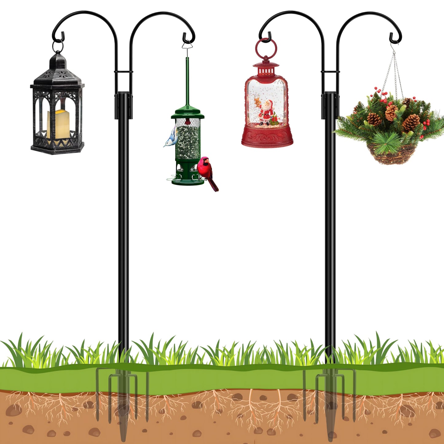Ottsuls Bird Feeder Pole, 2 Pack 92 INCH Double Shepherds Hooks for Outdoor, Garden Pole with 5 Base Prongs Heavy Duty Planter Hooks for Hanging Plant Baskets, Lantern, Hummingbird Feeder