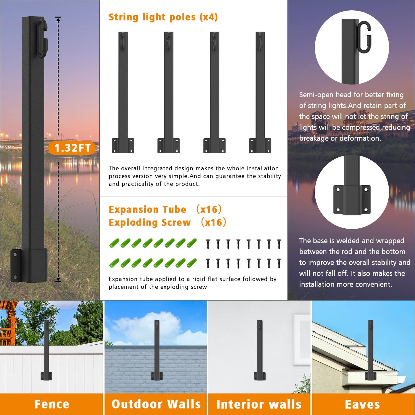 10Ft String Light Poles 4 Pack,Light Poles for Outside Lights,Outdoor with Fence Brackets Hanging Lights,Metal Stand Deck Patio Backyard