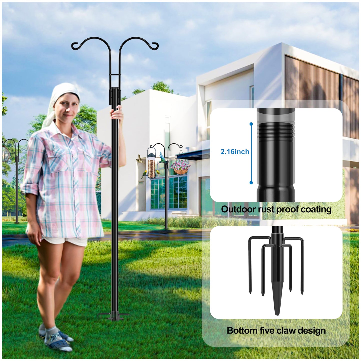 Ottsuls Bird Feeder Pole, 2 Pack 92 INCH Double Shepherds Hooks for Outdoor, Garden Pole with 5 Base Prongs Heavy Duty Planter Hooks for Hanging Plant Baskets, Lantern, Hummingbird Feeder