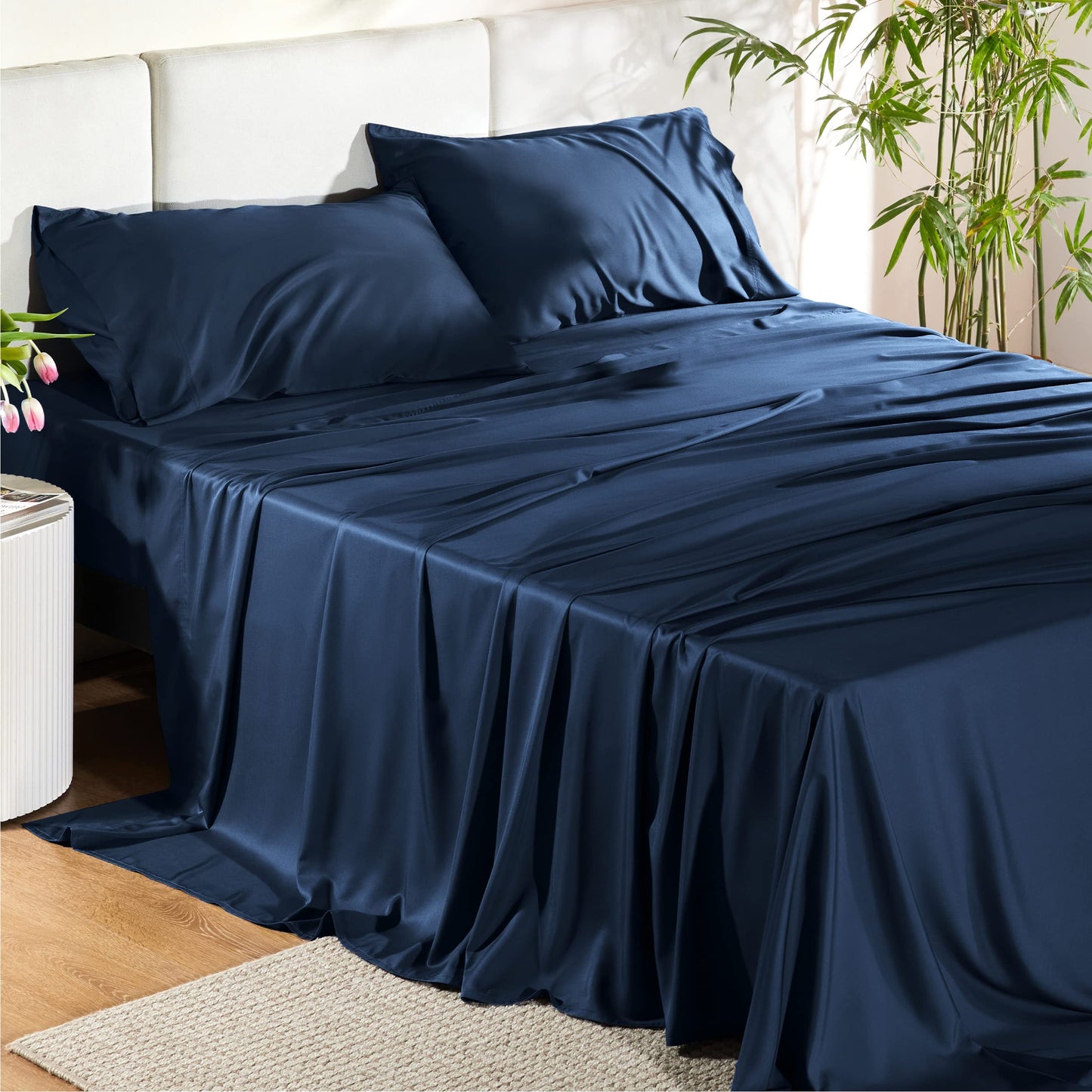 Bedsure Queen Sheet Set, Cooling Sheets for Queen Size Bed Set, Rayon Derived from Bamboo, Breathable & Soft Deep Pocket Up to 16 Inches, Hotel Luxury Silky Bedding, Bedsheet & Pillowcases, Dark Grey