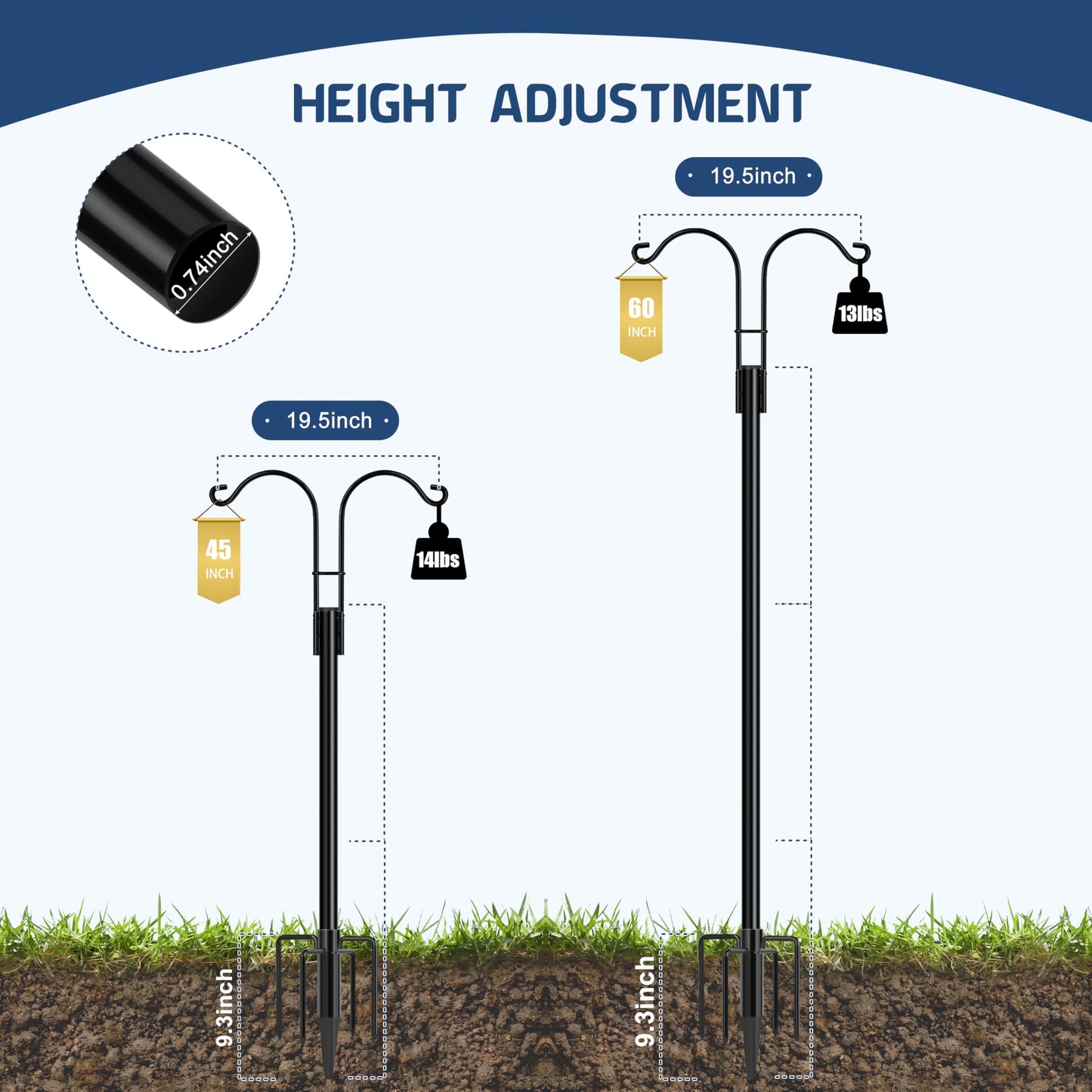 Ottsuls Bird Feeder Pole, 2 Pack 92 INCH Double Shepherds Hooks for Outdoor, Garden Pole with 5 Base Prongs Heavy Duty Planter Hooks for Hanging Plant Baskets, Lantern, Hummingbird Feeder