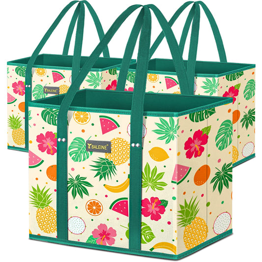 BALEINE 3Pk Reusable Grocery Bags, Foldable Shopping Bags for Groceries with Reinforced Bottom & Handles (Antique Foliage)