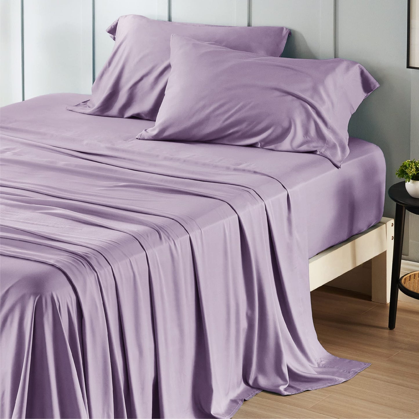 Bedsure Queen Sheet Set, Cooling Sheets for Queen Size Bed Set, Rayon Derived from Bamboo, Breathable & Soft Deep Pocket Up to 16 Inches, Hotel Luxury Silky Bedding, Bedsheet & Pillowcases, Dark Grey
