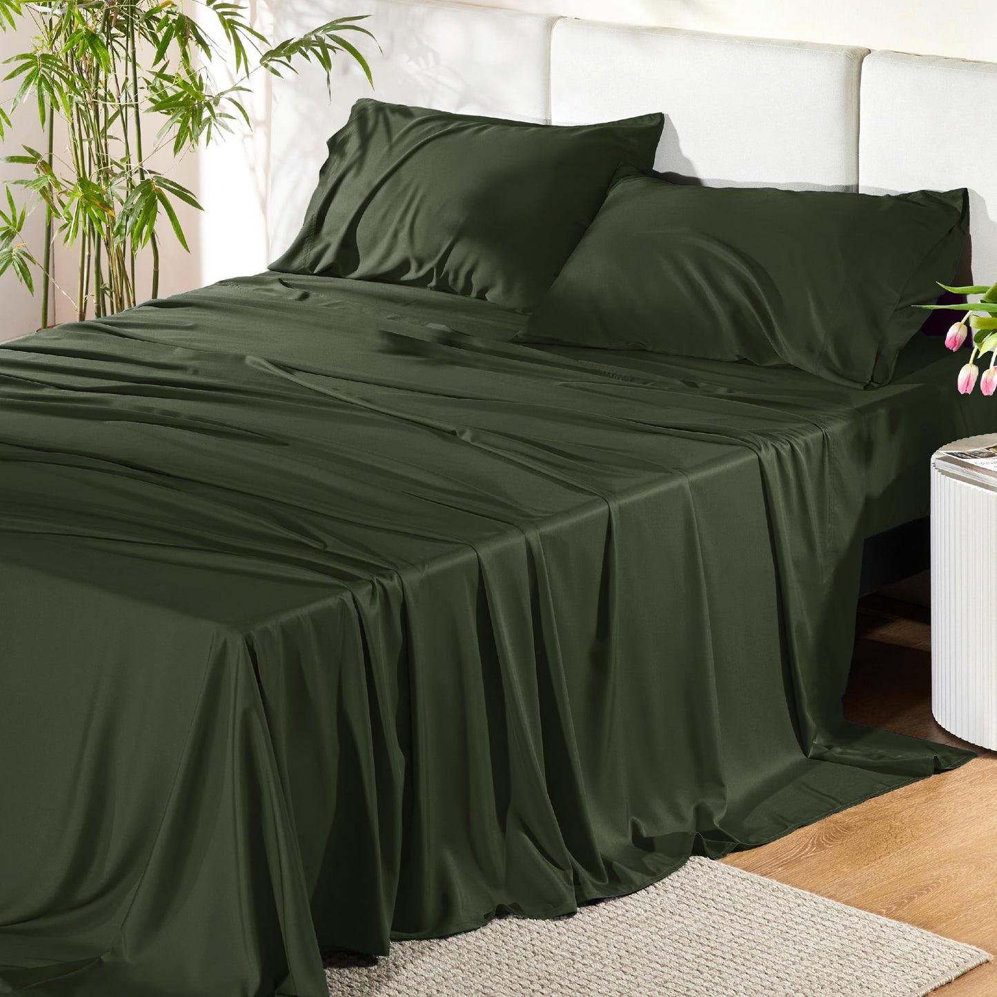 Bedsure Queen Sheet Set, Cooling Sheets for Queen Size Bed Set, Rayon Derived from Bamboo, Breathable & Soft Deep Pocket Up to 16 Inches, Hotel Luxury Silky Bedding, Bedsheet & Pillowcases, Dark Grey