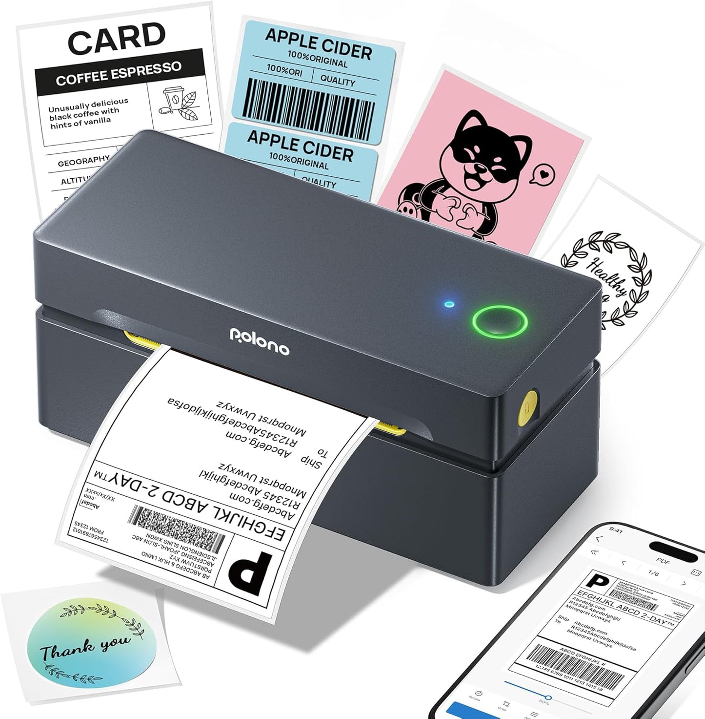 POLONO Bluetooth Thermal Shipping Label Printer, Wireless 4x6 Shipping Label Printer for Small Business, Support iOS, Android, Windows and Mac, Compatible with Amazon, Ebay, Shopify, Etsy, USPS (Grey)