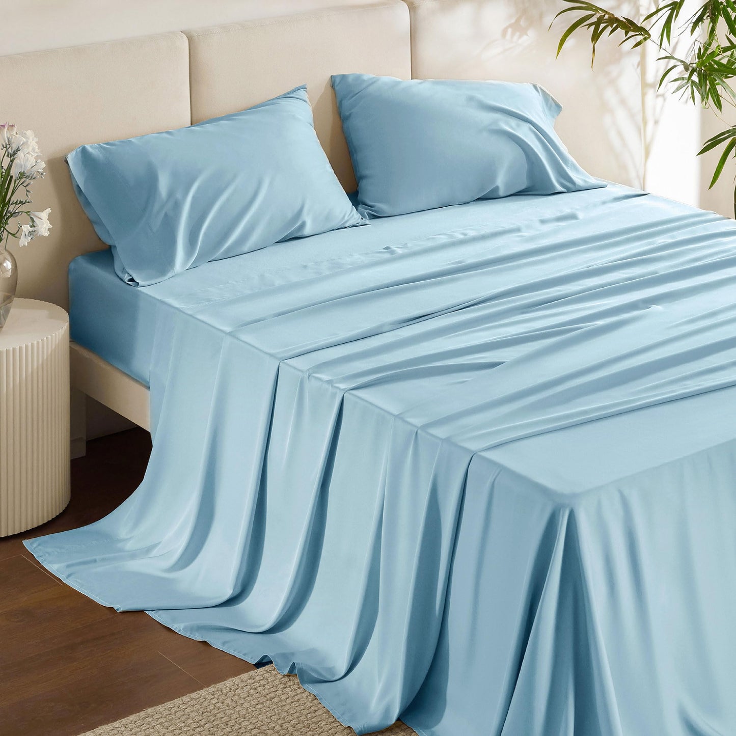 Bedsure Queen Sheet Set, Cooling Sheets for Queen Size Bed Set, Rayon Derived from Bamboo, Breathable & Soft Deep Pocket Up to 16 Inches, Hotel Luxury Silky Bedding, Bedsheet & Pillowcases, Dark Grey