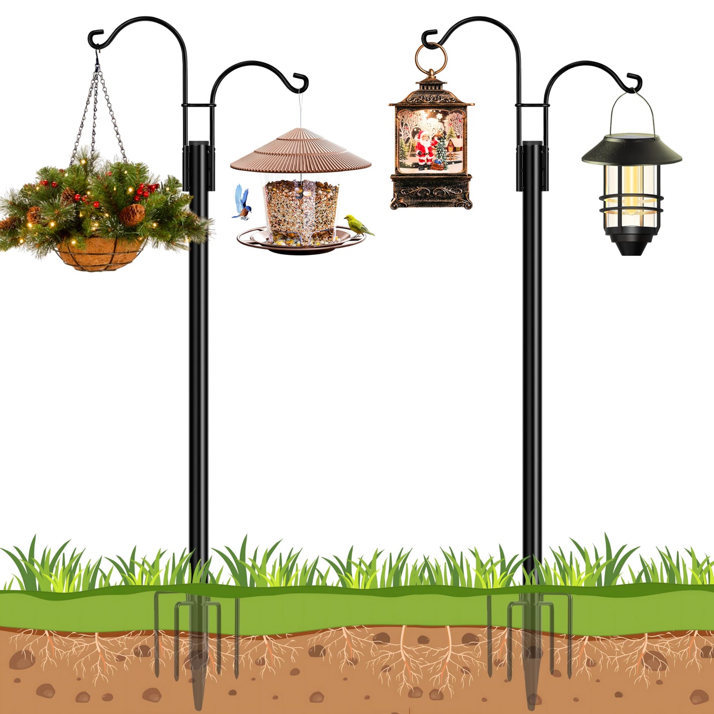Ottsuls Bird Feeder Pole, 2 Pack 92 INCH Double Shepherds Hooks for Outdoor, Garden Pole with 5 Base Prongs Heavy Duty Planter Hooks for Hanging Plant Baskets, Lantern, Hummingbird Feeder