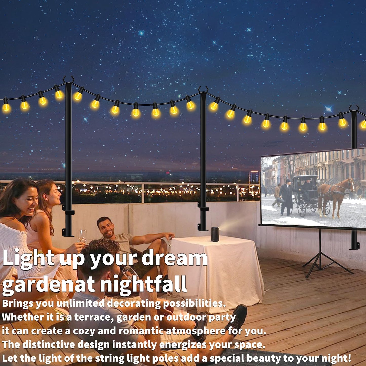 10Ft String Light Poles 4 Pack,Light Poles for Outside Lights,Outdoor with Fence Brackets Hanging Lights,Metal Stand Deck Patio Backyard