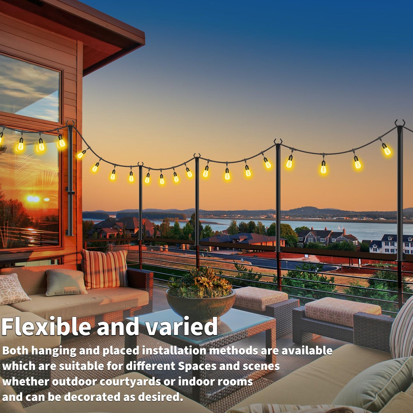 10Ft String Light Poles 4 Pack,Light Poles for Outside Lights,Outdoor with Fence Brackets Hanging Lights,Metal Stand Deck Patio Backyard