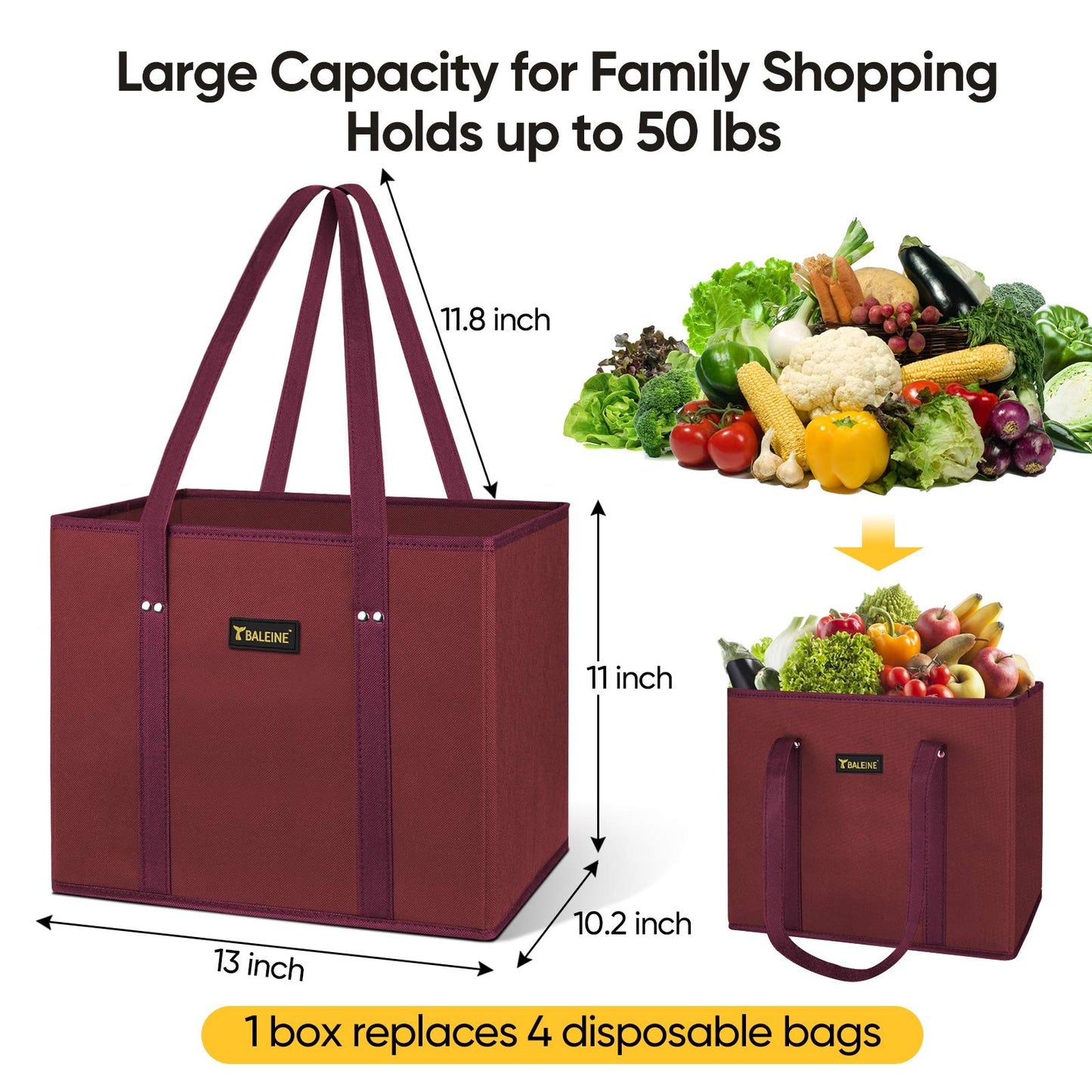 BALEINE 3Pk Reusable Grocery Bags, Foldable Shopping Bags for Groceries with Reinforced Bottom & Handles (Antique Foliage)