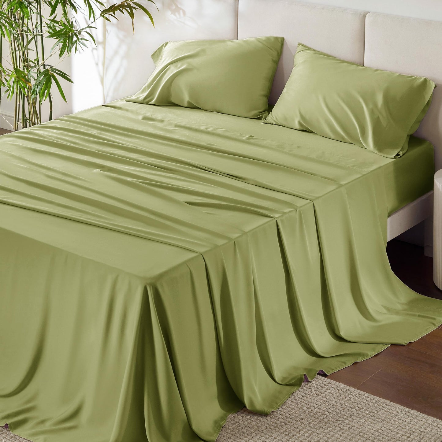 Bedsure Queen Sheet Set, Cooling Sheets for Queen Size Bed Set, Rayon Derived from Bamboo, Breathable & Soft Deep Pocket Up to 16 Inches, Hotel Luxury Silky Bedding, Bedsheet & Pillowcases, Dark Grey