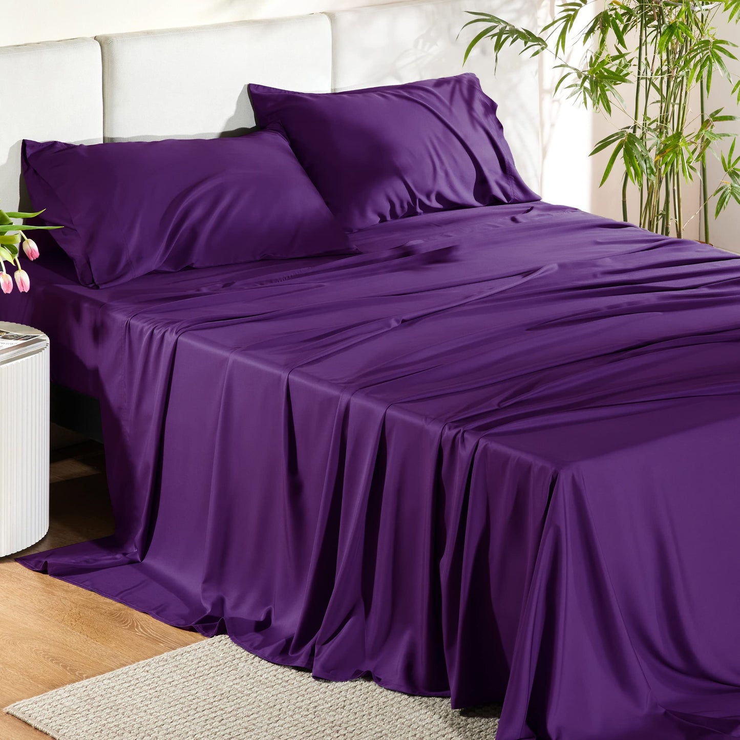 Bedsure Queen Sheet Set, Cooling Sheets for Queen Size Bed Set, Rayon Derived from Bamboo, Breathable & Soft Deep Pocket Up to 16 Inches, Hotel Luxury Silky Bedding, Bedsheet & Pillowcases, Dark Grey