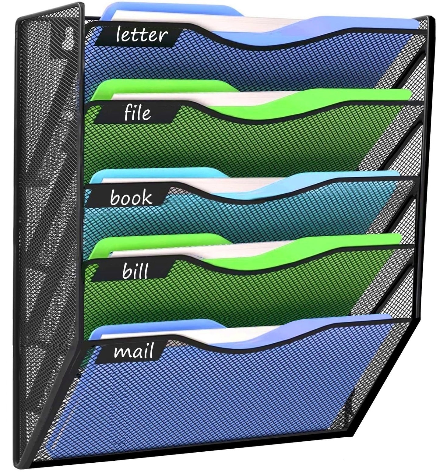 Kuntine.B 5 Pocket Wall File Holder Organizer Office Hanging Magazine Holder Wall File Organizer for Office Home (Black, 5 Tier)