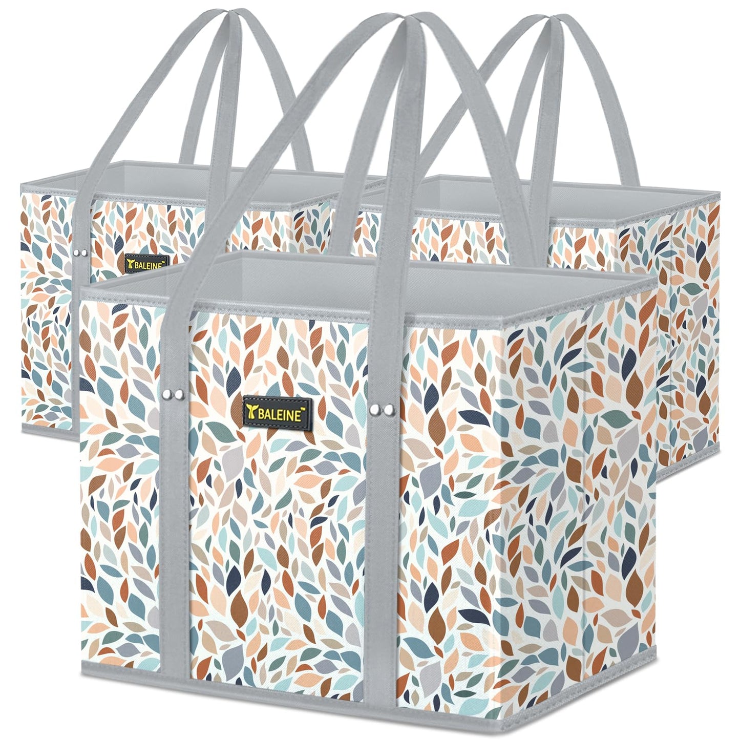BALEINE 3Pk Reusable Grocery Bags, Foldable Shopping Bags for Groceries with Reinforced Bottom & Handles (Antique Foliage)