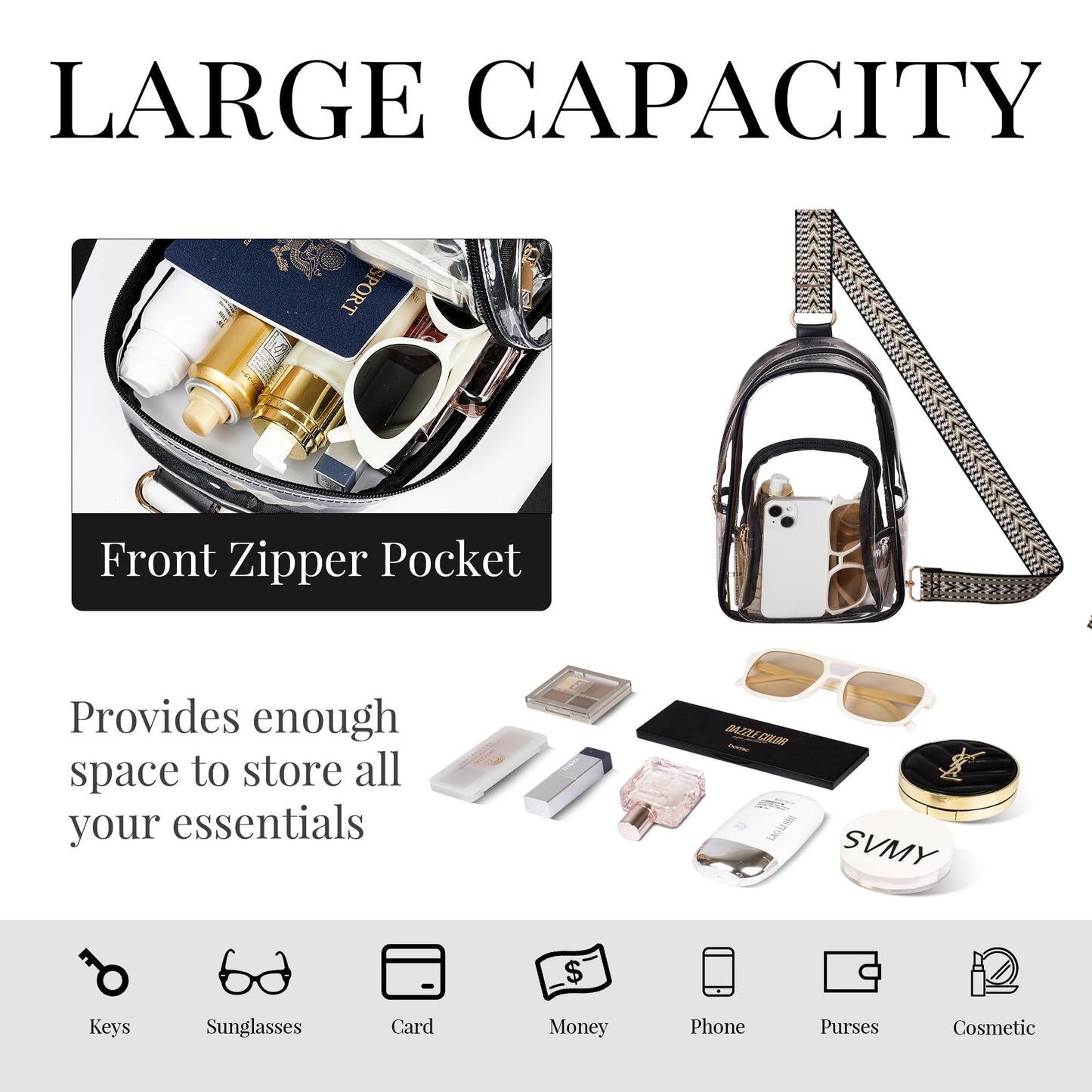 Clear Bag Stadium Approved Crossbody Sling Bag Fanny Pack Backpack Purse for Women Men for Sport Events