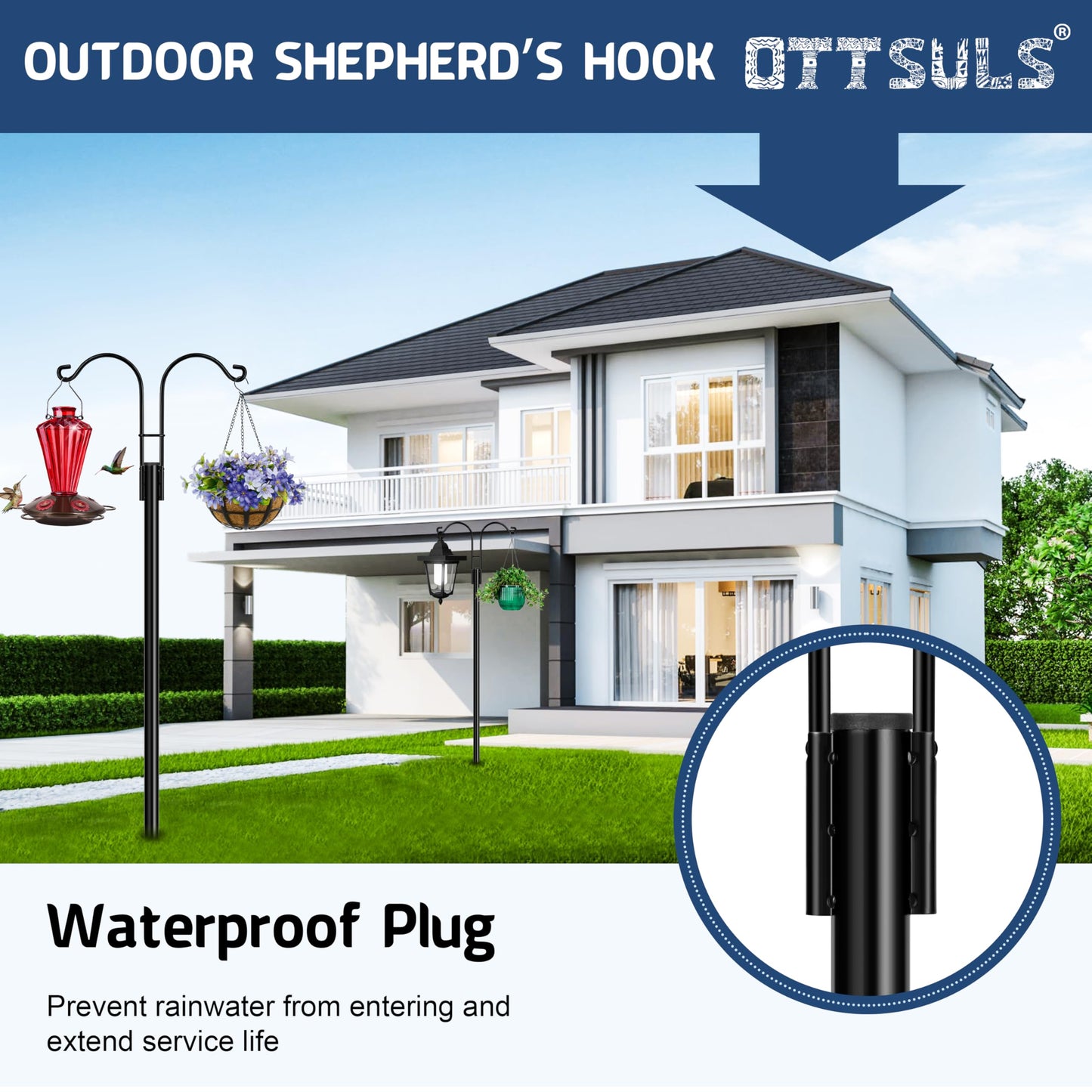 Ottsuls Bird Feeder Pole, 2 Pack 92 INCH Double Shepherds Hooks for Outdoor, Garden Pole with 5 Base Prongs Heavy Duty Planter Hooks for Hanging Plant Baskets, Lantern, Hummingbird Feeder