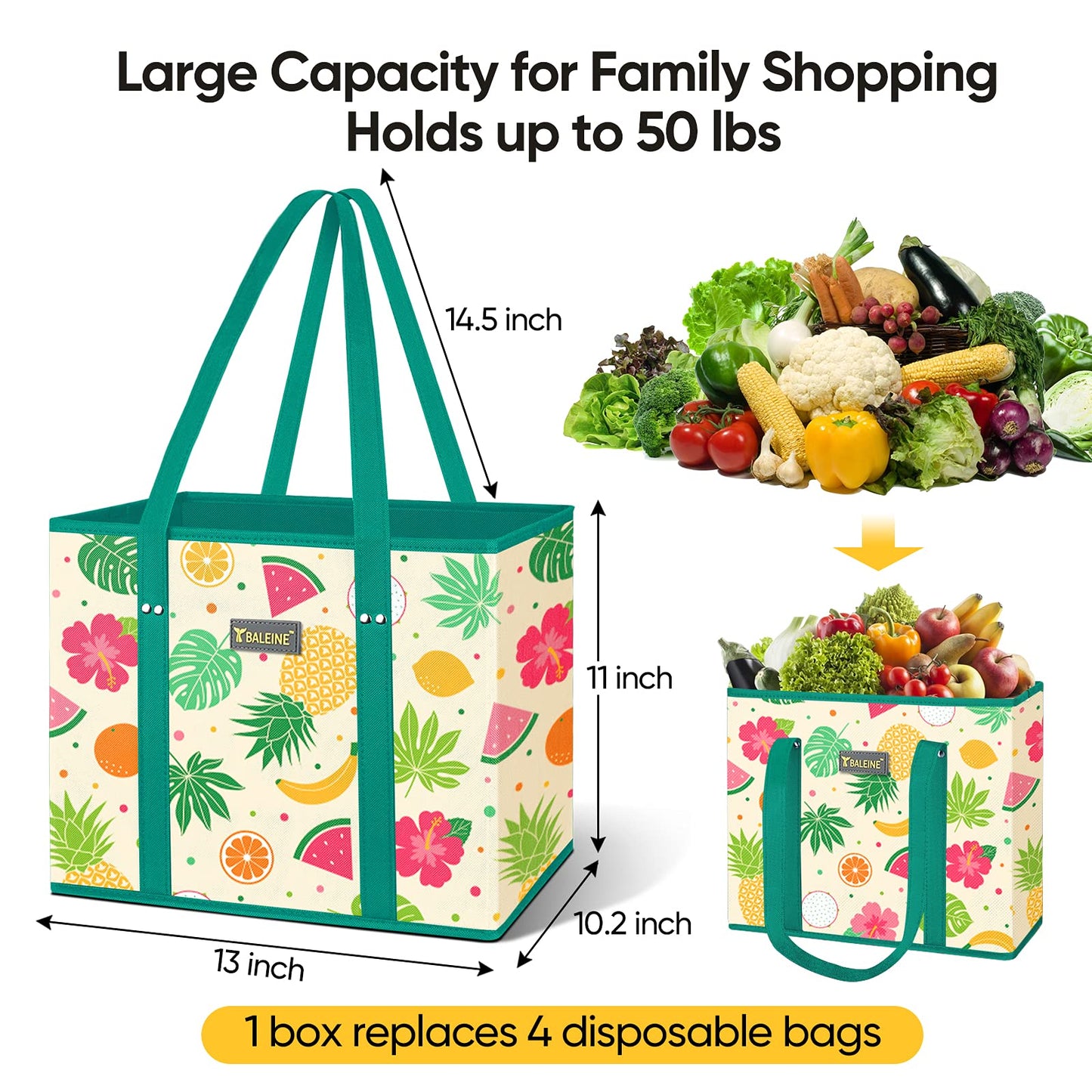 BALEINE 3Pk Reusable Grocery Bags, Foldable Shopping Bags for Groceries with Reinforced Bottom & Handles (Antique Foliage)