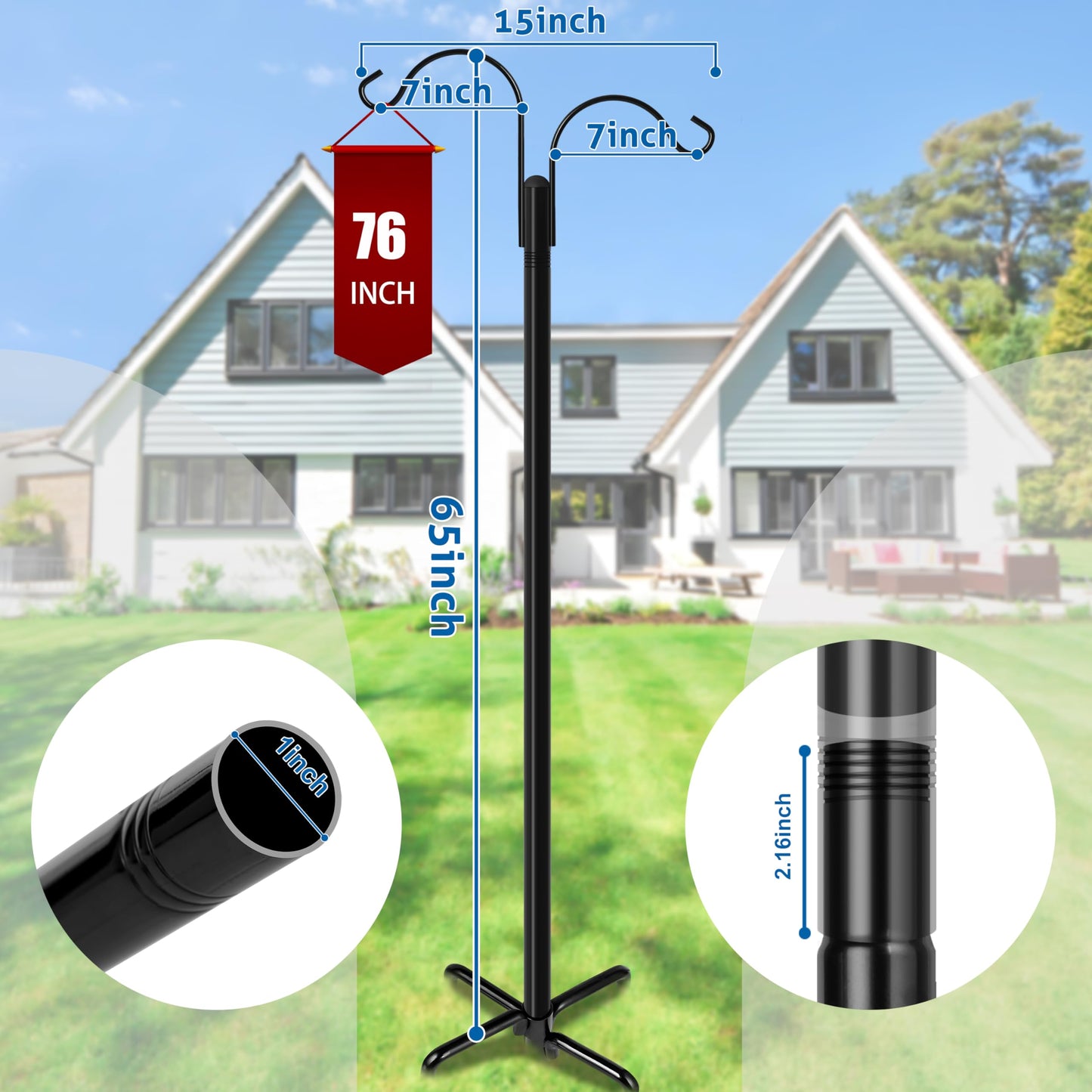 Ottsuls Bird Feeder Pole, 2 Pack 92 INCH Double Shepherds Hooks for Outdoor, Garden Pole with 5 Base Prongs Heavy Duty Planter Hooks for Hanging Plant Baskets, Lantern, Hummingbird Feeder