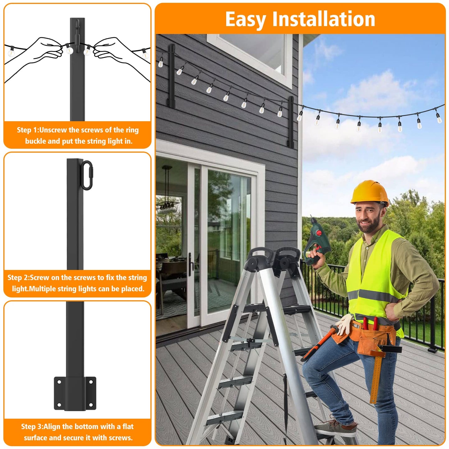10Ft String Light Poles 4 Pack,Light Poles for Outside Lights,Outdoor with Fence Brackets Hanging Lights,Metal Stand Deck Patio Backyard
